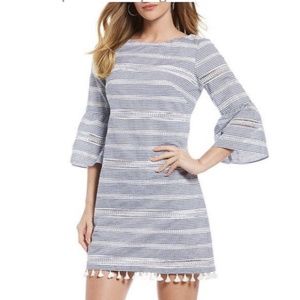 Vince Camuto Pinstripe Cotton Bell Sleeve Dress w/Tassel Hem Size 6 Blue Stripe